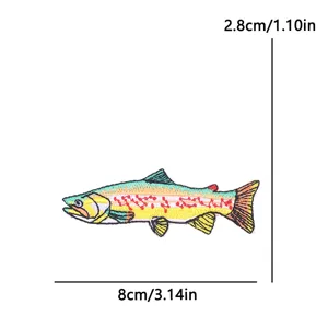 Detailed view of the cute cartoon trout embroidery patch, perfect for DIY outdoor gear.