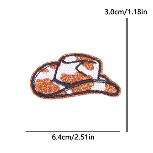 Gedetailleerde close-up van de glitter cowboyhoed geborduurde patch met afmetingen.