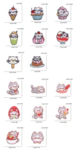 Vista detallada de lindos parches bordados de gatos de dibujos animados con postres y tortas.
