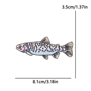 Trout embroidery patch detail showing size 8.1x3.5cm, perfect for DIY hats and clothing.