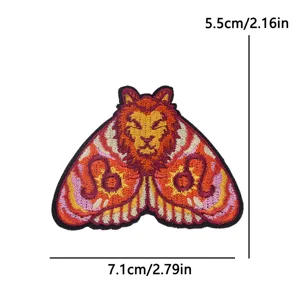 Embroidered lion moth patch, DIY decorative clothing badge with zodiac design, 7.1cm size.