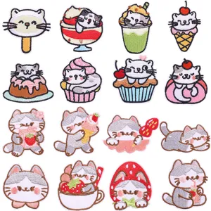 Lindos Parches Bordados de Gato de Dibujos Animados para Ropa DIY Termoadhesivos Dulce Pastel Helado de Fresa Animales Parches de Poliéster Accesorio de Costura