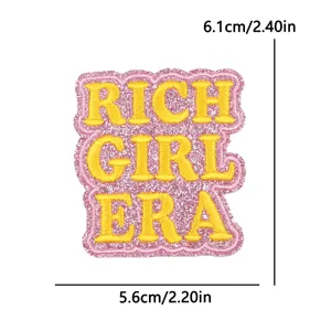 Pink glitter embroidered letter patch RICH GIRL ERA decorative patch for hats and clothes.