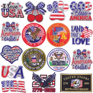 US Independence Day 250th Anniversary Embroidered Patches Glitter Silver American Flag Eagle Iron On Patch For Clothing Bags Decoration