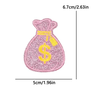 Pink glitter dollar sign embroidered patch, cute money bag badge for hat and clothing decoration.