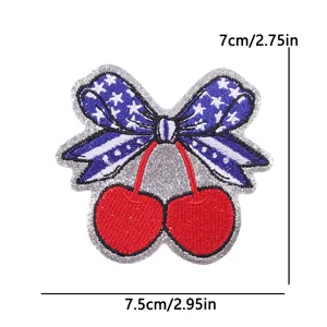 Independence Day American flag cherry bow embroidered patch with silver glitter background.