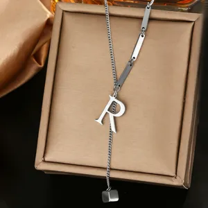 Stainless steel letter R pendant necklace fashion silver color choker jewelry for women and girls