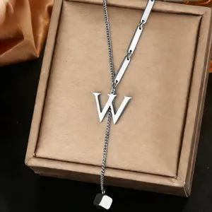 Stainless steel letter W pendant necklace with modern chain design, fashion jewelry for women.