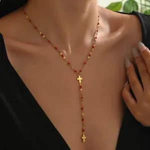 Collana con Ciondolo a Croce in Goccia d Olio Acciaio Inossidabile 304 Stile Resort Placcato Oro Doppia Croce Gioielli Donna