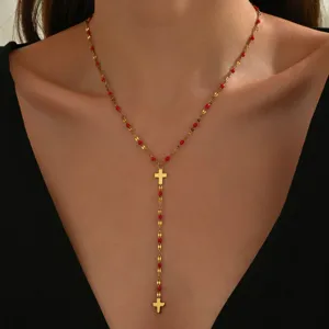 Collana a Y con croce di perle rosse in acciaio al titanio dorato gioiello catena clavicola