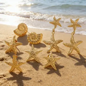 Gold starfish seashell earrings detail ocean style beach jewelry set for women summer vacation.