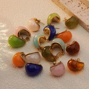 Colorful resin teardrop stainless steel stud earrings fashion geometric daily jewelry detail