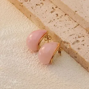 Stylish stainless steel pink teardrop stud earrings with gold rim elegant fashion jewelry.