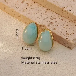 Detailed shot of trendy stainless steel teardrop earrings, stylish geometric design, size 2.0x1.5cm.