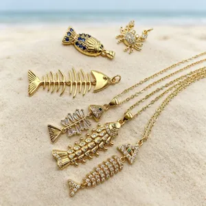 Copper Zirconia Ocean Series Fish Bone Crab Pendant Necklace Gold Plated Flexible Multi-jointed Fish DIY Jewelry Accessories