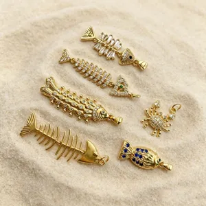 Gold micro-pave zircon fish bone and crab pendants DIY jewelry accessories for ocean series.