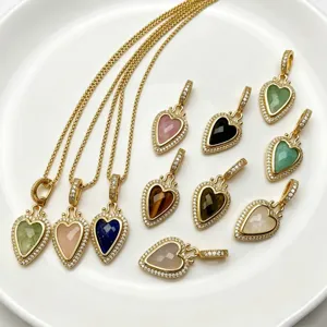 Vintage Herzförmiger Naturstein Anhänger Halskette Mit Strass Eingelegter Umweltfreundlicher Legierung Anhänger Für Damen DIY Schmuck Zubehör
