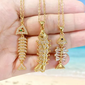 Exquisite gold-plated cubic zirconia fish bone pendants necklace set for women jewelry.