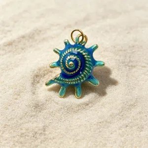 Detailed shot of ocean style conch pendant, blue green enamel copper DIY jewelry accessory.