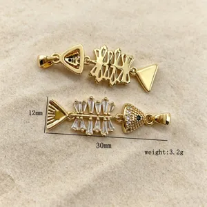 Gold fish bone pendant charm, micro pave cubic zirconia crystal, movable joints DIY jewelry.