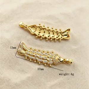 Gold fish pendant charm copper micro pave zircon movable fish bone DIY jewelry accessory 37mm