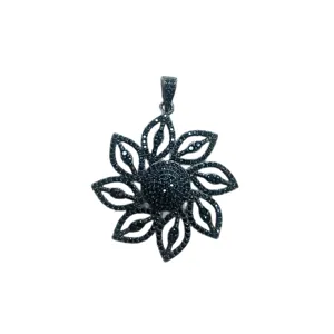 Gun-schwarzer Metall Blumen Anhänger mit schwarzen Strasssteinen, großer Schmuck Hauptbild.