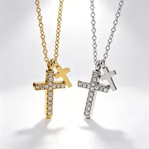 Fashion 304 Stainless Steel Double Cross Pendant Necklace Luxury Vacuum Gold Plated Rhinestone Cross Choker Necklace for Women Jewelry Gift