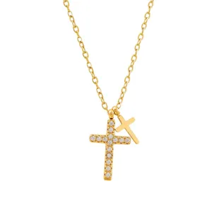 Gold stainless steel double cross pendant necklace with sparkling cubic zirconia pavé stones.