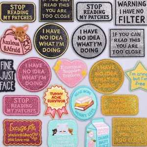 Glitter embroidered patches set, funny quote iron-on badges for bags, clothes and phone cases.