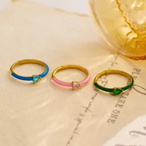 Stainless steel 18k gold plated colorful enamel heart cubic zirconia rings set fashion jewelry for women
