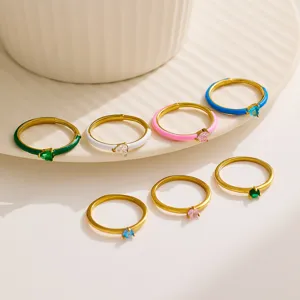Trendy enamel heart zircon ring, 18K gold stainless steel luxury women jewelry accessories.