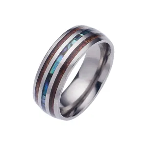 Men's titanium steel ring featuring wood and abalone shell inlay, stylish daily jewelry.