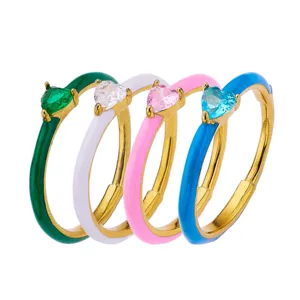 Colorful enamel heart cubic zirconia ring set, gold plated stainless steel jewelry for women.