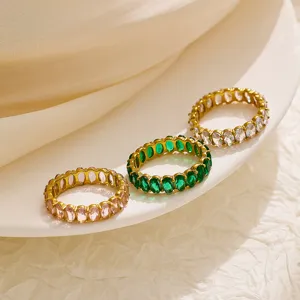 Luxury Eternity Band Ring For Women 18K Gold Plated Stainless Steel Ring With Full Circle Colorful Zirconia Prong Setting Ring