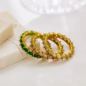 Luxury full-circle colored zirconia prong-set titanium steel ring, 18K gold plated versatile.
