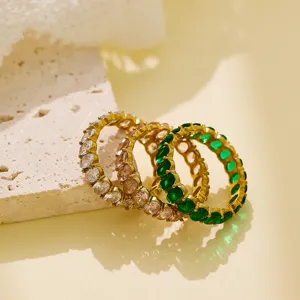 Luxury full eternity colorful zirconia titanium steel ring 18K gold plated versatile women