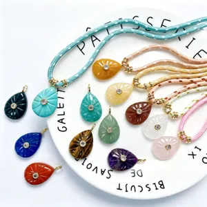 Natural stone crystal teardrop pendant colorful braided rope necklace zircon jewelry wholesale