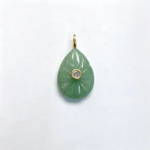 Carved teardrop natural stone pendant with central zircon detail for DIY necklace jewelry making.