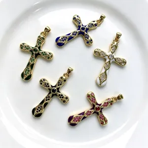 Pendentif croix or cuivre micro serti zircon gemmes colorées bijoux DIY collier accessoires