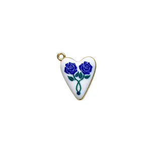 Elegant blue rose enamel heart pendant necklace, retro vintage style clavicle jewelry for women.