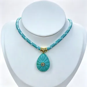 Turquoise Carved Teardrop Pendant Necklace Blue Woven Cord Gold Accent Fashion Jewelry