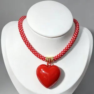 Chic red white braided rope necklace with glossy heart pendant fashion copper jewelry accessory