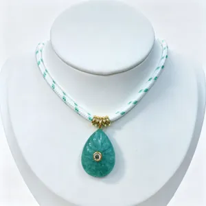 Green teardrop crystal pendant necklace with woven cord stylish gold accents jewelry
