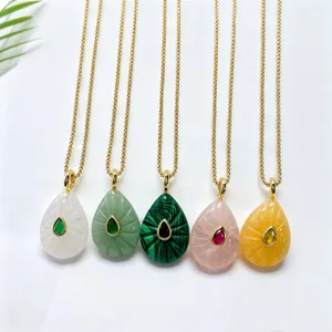 Natural stone teardrop pendant necklace set with crystal zirconia accents for women daily wear