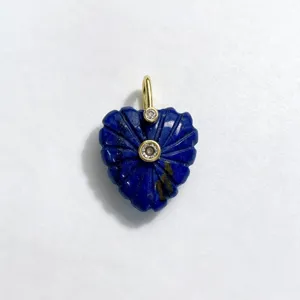 Natural lapis lazuli carved heart pendant with gold tone and rhinestone details DIY jewelry.
