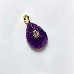 Teardrop amethyst pendant with zircon inlay and gold-tone bail for necklace DIY accessories
