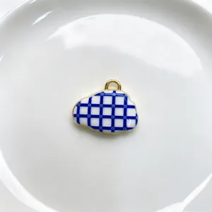 Blue white grid cloud pendant charm copper enamel DIY necklace jewelry accessory detail view