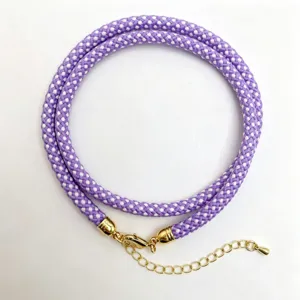 Purple white braided rope necklace with gold metal lobster clasp and extension chain