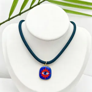 Blue rope necklace with enamel evil eye pendant gold plated trendy fashion jewelry accessory