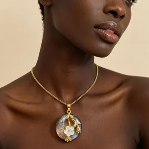 Natural abalone shell flower pendant necklace ethnic style gold clavicle chain for women